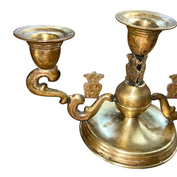 Vintage ornate Aztec brass three-arm candelabra boho Hollywood - Picture 2 of 11